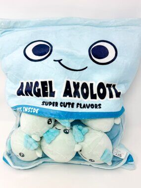 Angel Axolotl Squishable Plush Snack Bag w/ 6 Axolotls Blue 14"X16" Pillow